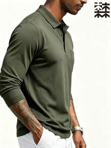 mulinsen Men's Black Long Sleeve Polo Shirt, Spring/Autumn Casual Top With Collar - Army Green - View 3