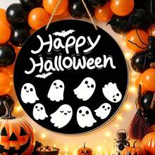 1 Peça Placa de Porta Redonda Preta "Feliz Halloween" de Madeira com Fantasma Pendurado - Decorada com Padrões Fofos de Fantasma e Morcego; Adequada para Decorar Porta da Frente ou Parede para Criar Atmosfera Festiva, Decoração Divertida para Festa em Casa e Varanda - multicolorido - Visão 4