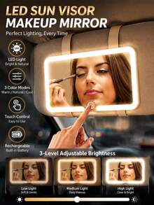 Car Sun Visor Makeup Mirror, LED Illuminated Sun Visor Mirror, 3 Lighting Modes, Touch Screen Switch, Portable Car Vanity Mirror, Universal Women's Vehicle Makeup Mirror Accessory, Fashion Car Interior Decor Gift - LED - View 2
