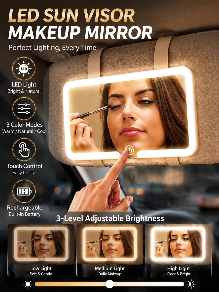 Car Sun Visor Makeup Mirror, LED Illuminated Sun Visor Mirror, 3 Lighting Modes, Touch Screen Switch, Portable Car Vanity Mirror, Universal Women's Vehicle Makeup Mirror Accessory, Fashion Car Interior Decor Gift