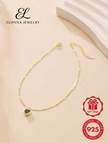 SYMFNY 925純銀腳鍊，心形綠色鋯石鑲嵌，適合女性日常與通勤穿戴 - 金黃色 - 查看 2