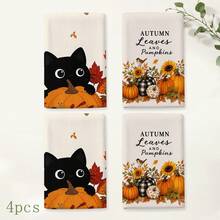 2pcs Black Cat & Pumpkin Pattern Kitchen Towels, Fun Autumn Country Style Soft Fabric Rectangular Maple Leaf Sunflower Hello Pumpkin Print Absorbent Hand Towels, Suitable For Kitchen, Dining Room, Halloween, Thanksgiving, Autumn Gathering, Harvest Season, Home Decor - Multicolor - View 10