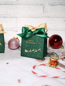 10Pcs Christmas Gift Boxes With Santa Sleigh And Starry Pattern, Elegant Holiday Favor Boxes With Satin Ribbon Bow, Red Green Black Gift Packaging For Christmas Party, Winter Celebration, Wedding Favors, Seasonal Decorations And Special Occasions - 7X5X7cm - View 8
