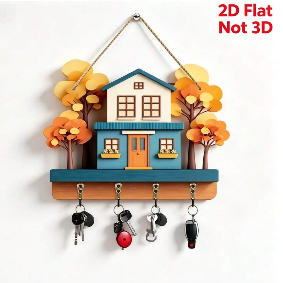Paper-Cut Style Autumn Maple Villa Wooden Key Hanger, Wall Mount Key Hook For Modern Household Entrance Decoration - Multicolor - View 1