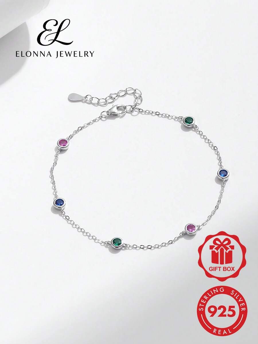 SYMFNY 1pc 925 Silver 5 Colored Synthetic Zirconia Beaded Bracelet