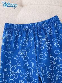 Disney 2pcs/Set Autumn Mickey Line Doodle Print Long Sleeve Ribbed Sweatshirt And Elastic Waist Simple Line Pattern Sweatpants Outfit, Cartoon Graphic, Slightly Stretchy, Suitable For Baby Toddler Newborn Daily Wear, Spring Gift - Blue - View 5
