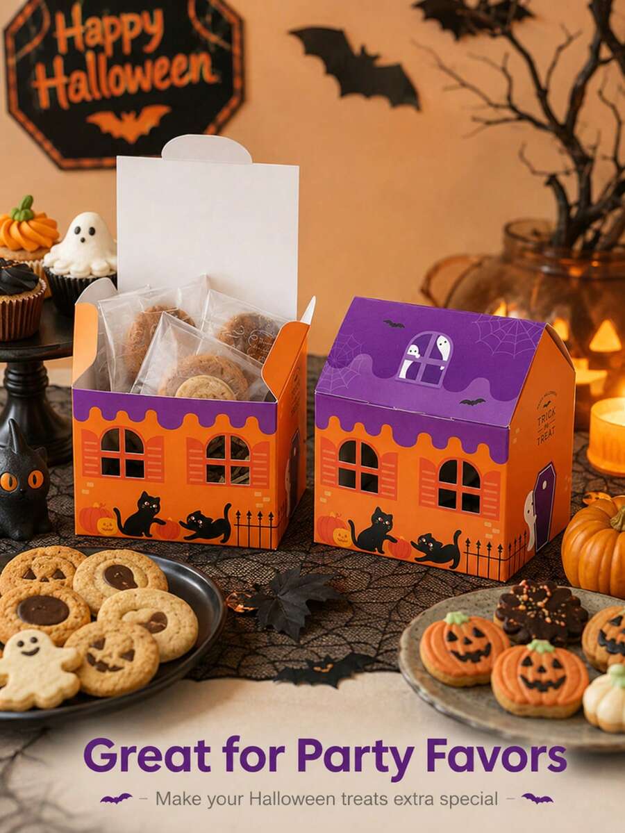 6 Pcs Reusable Halloween Haunted House Shaped Treat Boxes, Cookie & Candy Gift Boxes For Holiday Party & Baking Decor - Multicolor - View 1
