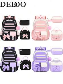 Dedoo 3-Piece Backpack, Tote Bag And Small Portable Bag Set, Bow Decor With Pom Pom Pendant, Double Zipper, Large Capacity, Student School Bag - Multicolor - View 8