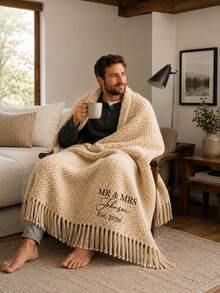 1PC Customizable Embroidered Tassel Knit Throw, Custom Text & Important Date Embroidery Available In 6 Colors,For Relaxing Home Rest & Household Space Layout, Great For Family Members, Meaningful Holiday Celebration Gift Selection - Multicolor - View 6