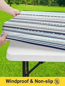 3 Pieces Picnic Tablecloth Set With Bench Cover, Elastic Edge Design, Striped Pattern, Washable Rectangular Tablecloth, Suitable For Weddings, Camping, Picnics, Garden Parties And More, Practical Essential - C - View 6