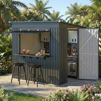 AECOJOY 8x4 FT Outdoor Storage Shed With Bar Counter 2-In-1 For Patio | Patio Metal Backyard Bar & Tool Storage Shed, Lockable Waterproof Garden Shed For Backyard, Lawn