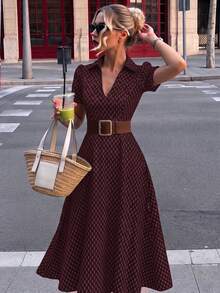 Printed Lapel Women's Dress, Summer Vintage Elegant Commute Puff Sleeve A-Line Midi Dress - Burgundy - View 2