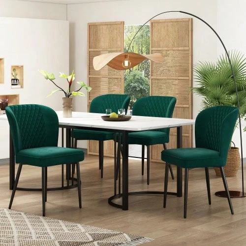 طقم طاولة الطعام (طقم، طاولة طعام 140*80*75 سم مع 4 كراسي)، طقم طاولة مطبخ حديث، كراسي طعام من المخمل الأخضر الداكن، تصميم كرسي مبطن مع مسند ظهر، سطح طاولة من MDF باللون الأبيض، أرجل طاولة سوداء - أخضر - مشاهدة 1