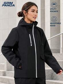 GRIM PANDA GRIMPANDA Women's Hooded Outdoor Jacket, Adjustable Drawstring Hood, Multi-Pocket Zipper Detail, Loose Fit Sports Black - Black - View 6