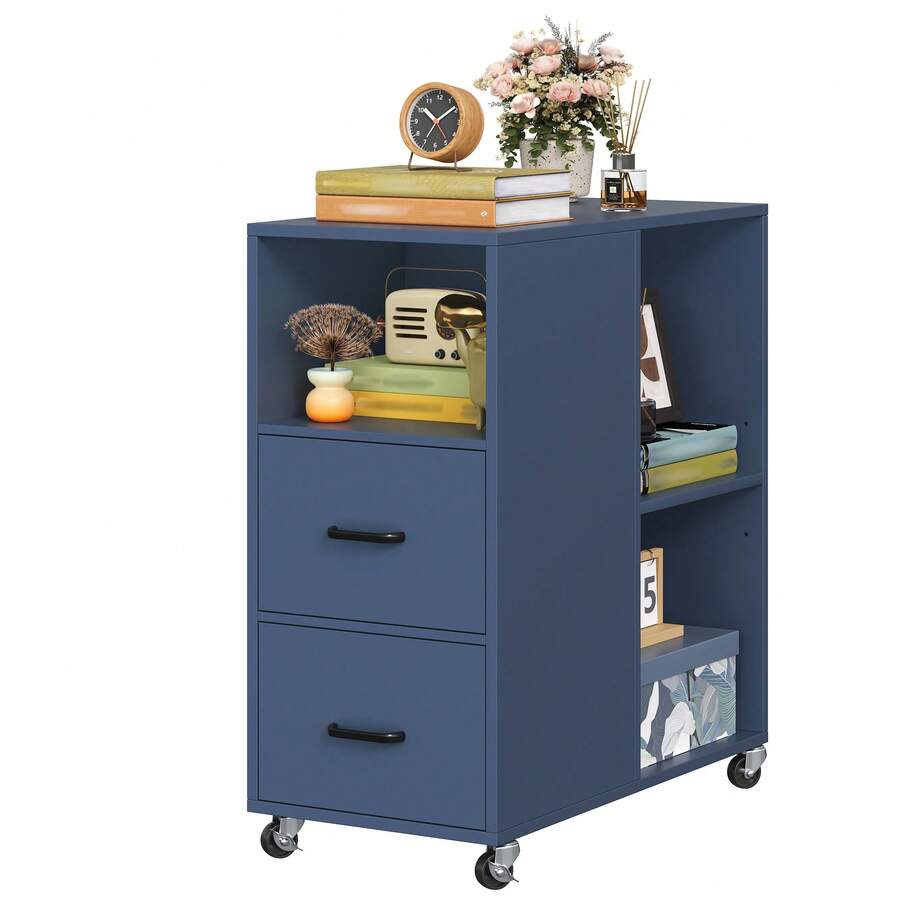 Mobile File Cabinet, Office Filing Cabinet With Open Shelves And Drawers, Under Desk File Cabinet - Blue - View 1