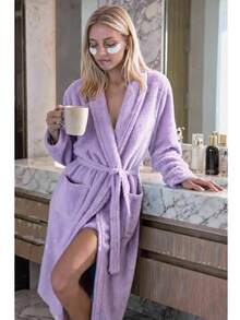 Bathrobe Soft Touch Contain Cotton Bathrobe For Women & Men - Made In Turkey, Lightweight, Absorbent, Comfortable Bath Robe - Lilac Purple - View 3