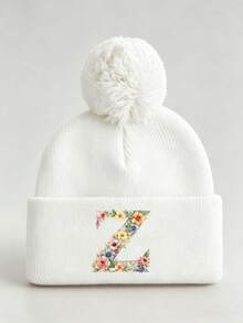 1pc Baby Beanies Boy Girls White Pom-Pom Cap With A-Z Letter Colorful Floral Hat For Boys And Girls Ages 0-8Y, For Hat Accessories Winter Warm Hat - Multicolor - View 29