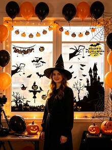 New Halloween Black Castle, Bat, Pumpkin Window Glass Static Cling Stickers Scene Decor, Halloween Party, Store Window Decoration - Sticker - View 6