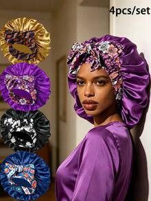 4pcs Women's Floral Print Bow Decor Satin Hair Caps, Soft Elastic Band, Silky Hair Protection Night Caps, Suitable For Daily Home Use - Multicolor 4pcs - View 34
