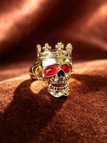 Vintage Crown Skull Men's Ring, Gold-Tone Red Eye Gemstone Embossed Band, Personalized Motorcycle Style Ring Accessory With Strong Vibe, Men's Daily Party Wear Jewelry, Halloween Gift - Multicolor - View 2