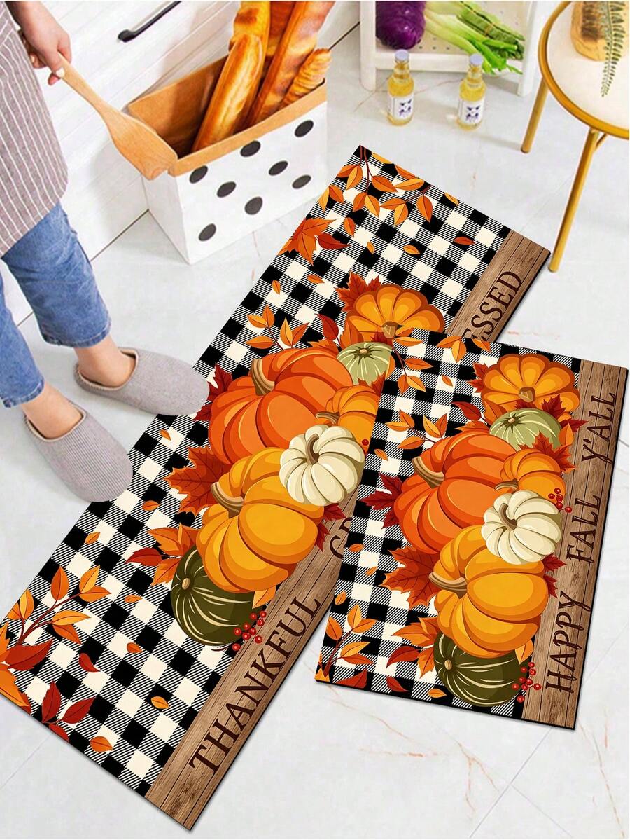 1/2pcs Autumn Thanksgiving Pumpkin Pattern, Door Mat Outdoor Welcome Mat Carpet Autumn Floor Mat Thanksgiving Front Door Mat - Multicolor - View 1