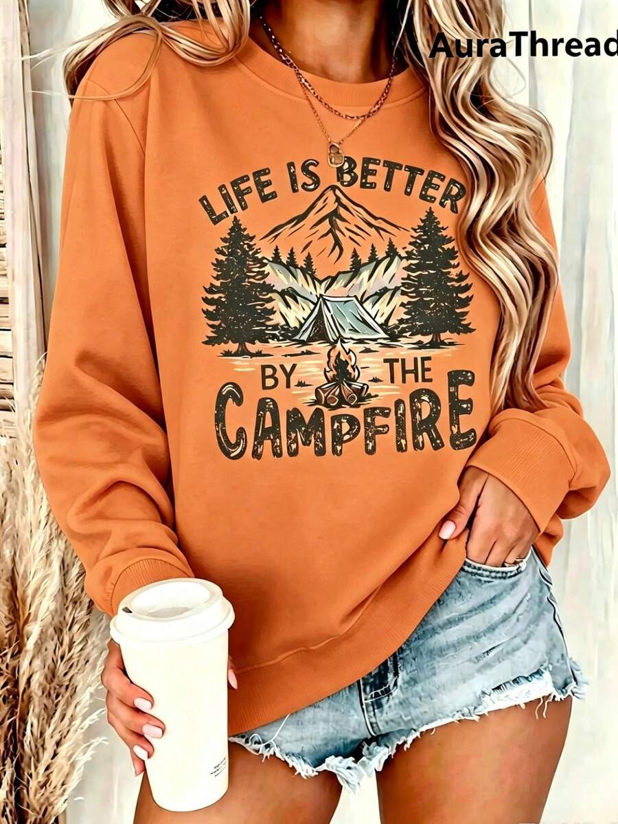 Suéter gráfico de campamento para mujer - "La vida es mejor junto a la fogata" Diseñ de montaña y árbol de pino, suéter de cuello redondo cálido para otoño e invierno, de elastici - Naranja 3 - Ver 1