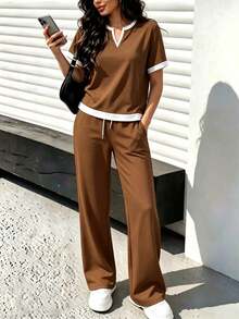 Spring/Autumn Women's New Casual Versatile Colorblock V-Neck Short Sleeve Top & High Waist Drawstring Straight Leg Pants 2-Piece Set Elegant - Brown 66 + Off-white - View 5