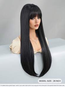 NAMM 28Inch Extra Long Straight Black Wigs For Women Elegant Nature Looking Wigs With Full Bangs,High Density Fluffy Synthetic Heat Resistant Fiber Hair,For Beginners Glueless Daliy Party Use,Suitable For All Women - 黑色 - 查看 4