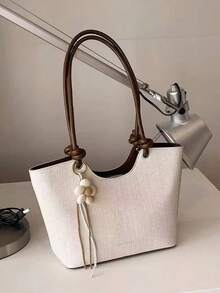 Bolso de hombro tipo tote para mujer, gran capacidad, beige minimalista, con Charm floral lindo, suave y elegante, adecuado para compras y desplazamientos - Blanco - Ver 1
