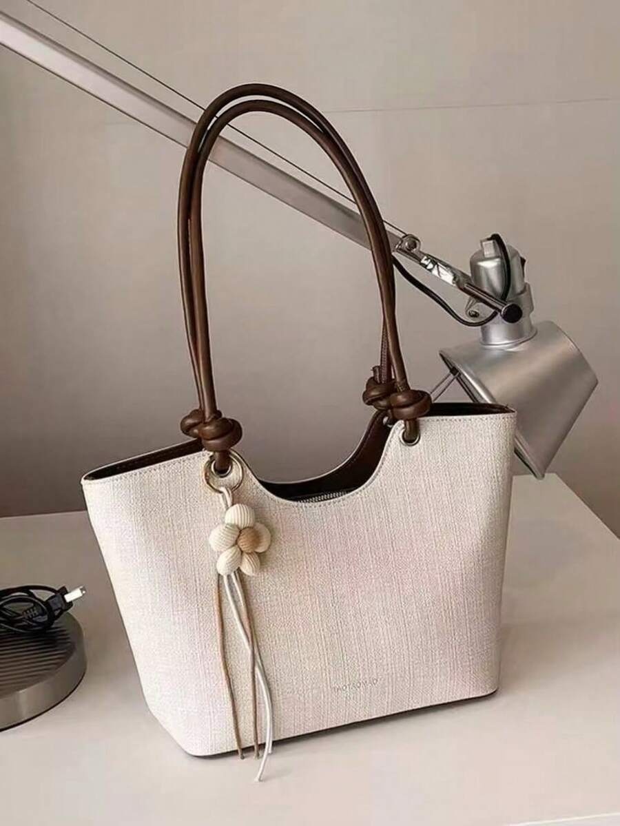 Bolso de hombro tipo tote para mujer, gran capacidad, beige minimalista, con Charm floral lindo, suave y elegante, adecuado para compras y desplazamientos - Blanco - Ver 1