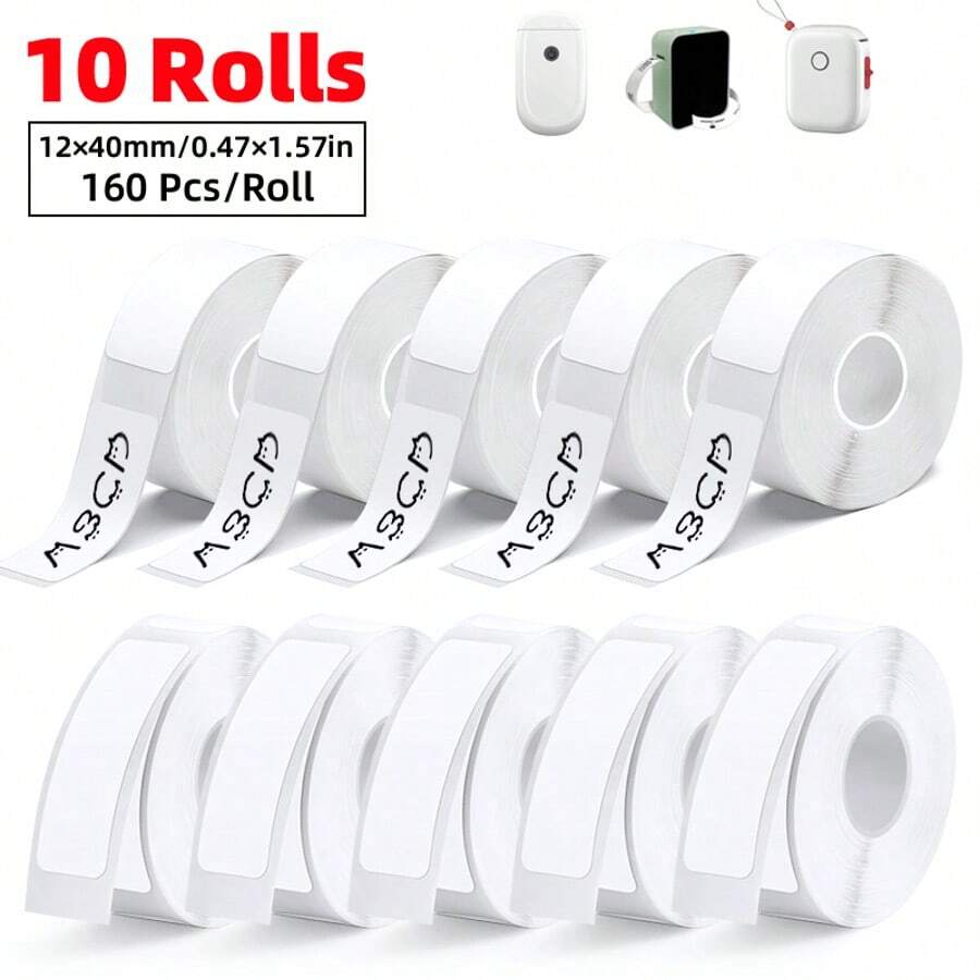 10 Rolls Mini Self-Adhesive Label Stickers, 12*40 Mm Waterproof & Oil-Proof, Suitable For Business Office Home Supplies Classification, Name DIY Price Seal Tape, Compatible With M10/P11/P15/D30 Handheld Label Makers - 10Rolls-12x40mm White - View 1