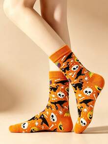 4 Pairs Halloween Themed Mid-Calf Socks, Pumpkin, Skeleton, Ghost, Skull, Black Cat Student Socks, Casual Mid-Calf Socks, Unisex For Party And Daily Wear - Black - View 3