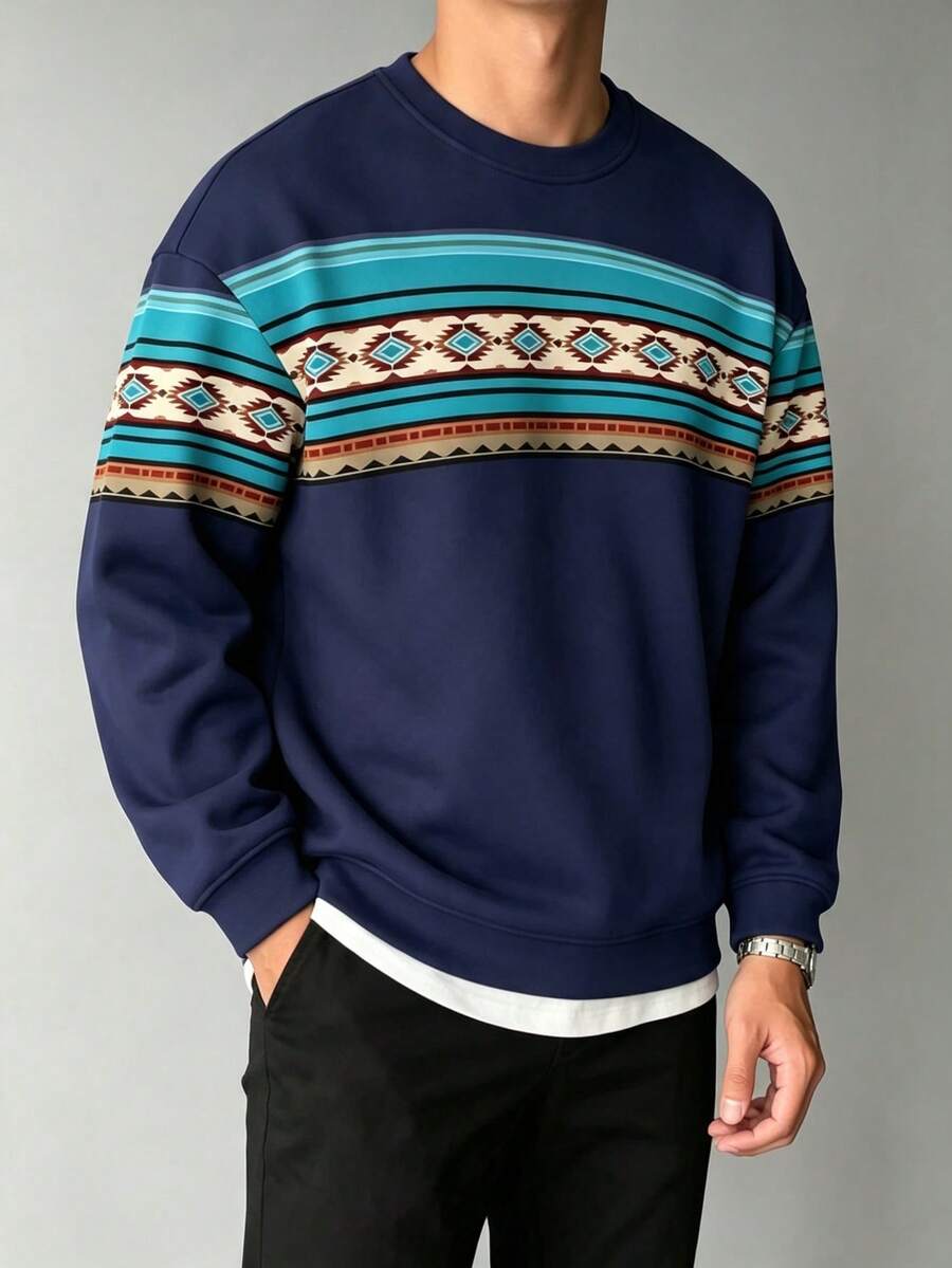 Men's Vintage Geometric Print Loose Drop Shoulder Long Sleeve Sweatshirt - Multicolor - View 1