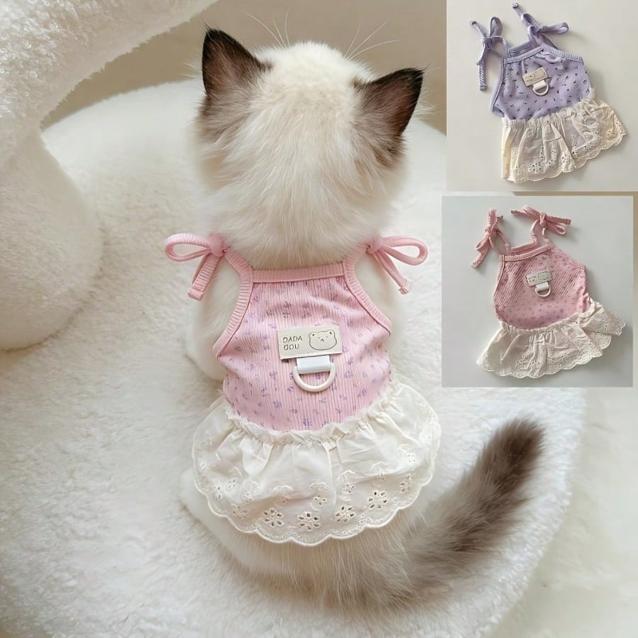 Cat Clothes Spring/Summer Thin Floral Lace Cute Stylish Spaghetti Strap Dress, Suitable For Golden Shaded Ragdoll Kittens And More, Leash Compatible