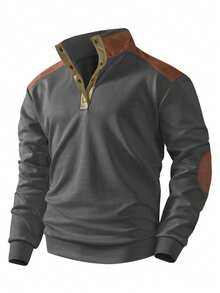 Men's Casual Half-Zip Patchwork Long Sleeve T-Shirt T-Shirt - Dark Grey - View 3