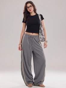 KyrLssu Side Stripe Star Embroidered Wide Leg Sweatpants, Elastic Drawstring High Waist Athletic Pants - Light Grey - View 2