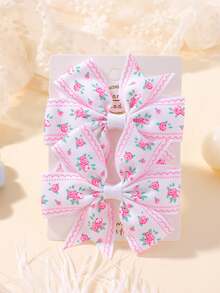 1 Pair Printed Daisy & Sunflower Hair Clip Set, Ribbed Fishtail Bow Baby Hair Clips, Random Cardboard - Multicolor - View 13