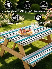 3 Pieces Picnic Tablecloth Set With Bench Cover, Elastic Edge Design, Striped Pattern, Washable Rectangular Tablecloth, Suitable For Weddings, Camping, Picnics, Garden Parties And More, Practical Essential - D - View 9