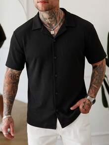 男士時尚經典提花落肩寬鬆短袖襯衫 T-shirt，適合商務聚會與日常社交場合 - 黑色 - 查看 2