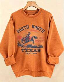 Women's Western Style Fort WorthTexasEST1849CowboyPatternHoodieSoftCrewNeckPulloverWith Cactus And Longhorn DesignComfortableCasualLongSleeve Sweater - 橙色3 - 查看 3