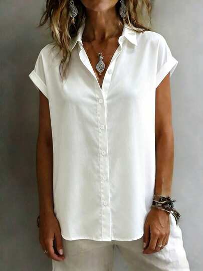 Fashionable Short Sleeve Collared Shirt For Women, Versatile Loose Casual Commute Sleeveless Top, Solid Color Button Front White Summer, Office Siren, Work To Weekend