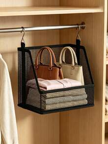 Hanging Storage Basket, Stackable Hanging Storage Baskets, Black Woven Mesh Organizer, Multi-Functional S-Hook, Suitable For Dorm, Bedroom, Closet | Space-Saving Hanging Clothes & Bedding Organizer | With Stable Hanging Device | All-Season Closet Essential | Back To School Season - Multicolor - View 10