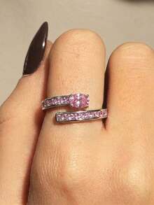 1pc Silver Luxury Sweet Pink Zirconia Open Ring, Suitable For Women's Daily Commute, Date, Party, Vacation Wear, Jewelry Gift - Silver - View 6
