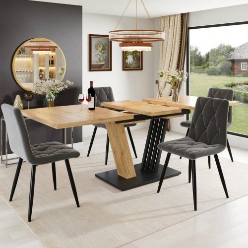 Dining Set (5-Piece), Extendable Table, Table 120(160) X 80 X 76 Cm (Incl. 4 Chairs), Suitable For 4-6 People, Chairs In Velvety Gray