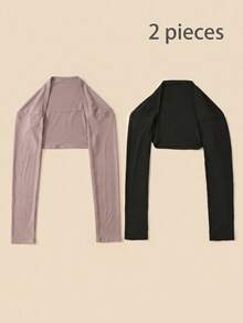 2 piezas calentadores de brazos de modal con protección solar de unicolor para mujer, adecuados para bailar, uso diario, calentador de brazos tipo raglán - Negro 1 Caqui 1 - Ver 2