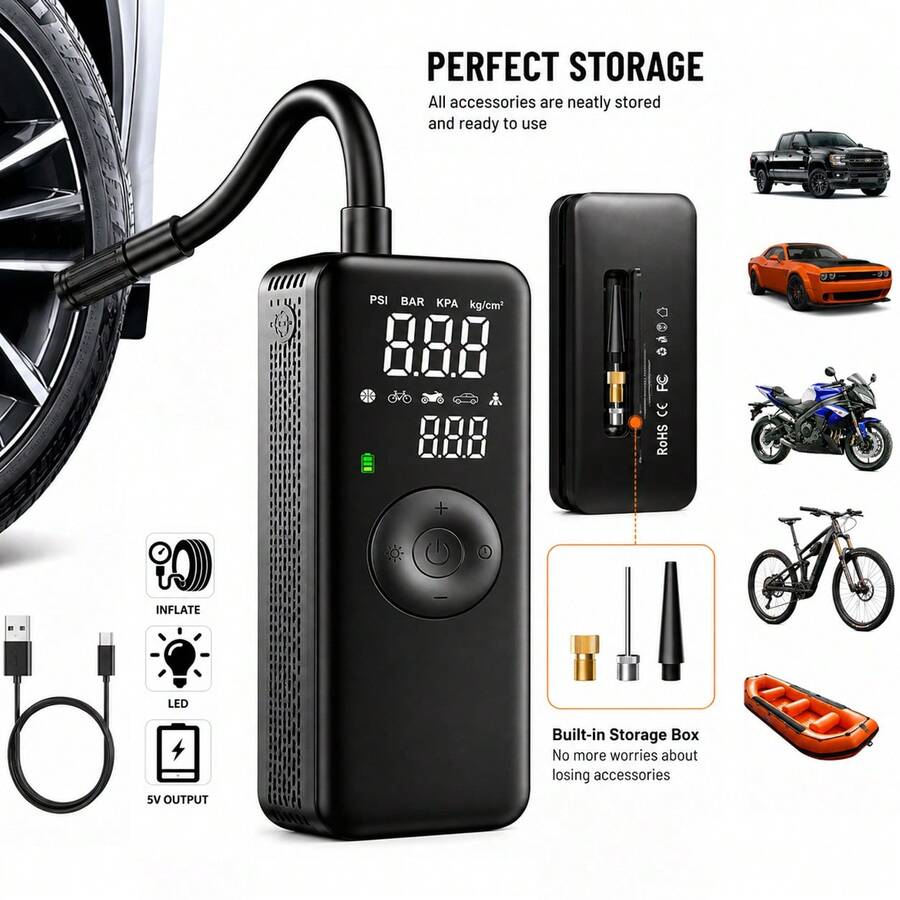 Carsun Tire Lnflator Portable Air Compressor Tire Air Pump,150PSI, 3x Inflation Speed, One-Touch Preset With Auto Shut-Off, Hidden Rear Storage Box, Inflation And Deflation Function, With LED Light - SOS Red Light,Car Accessories
