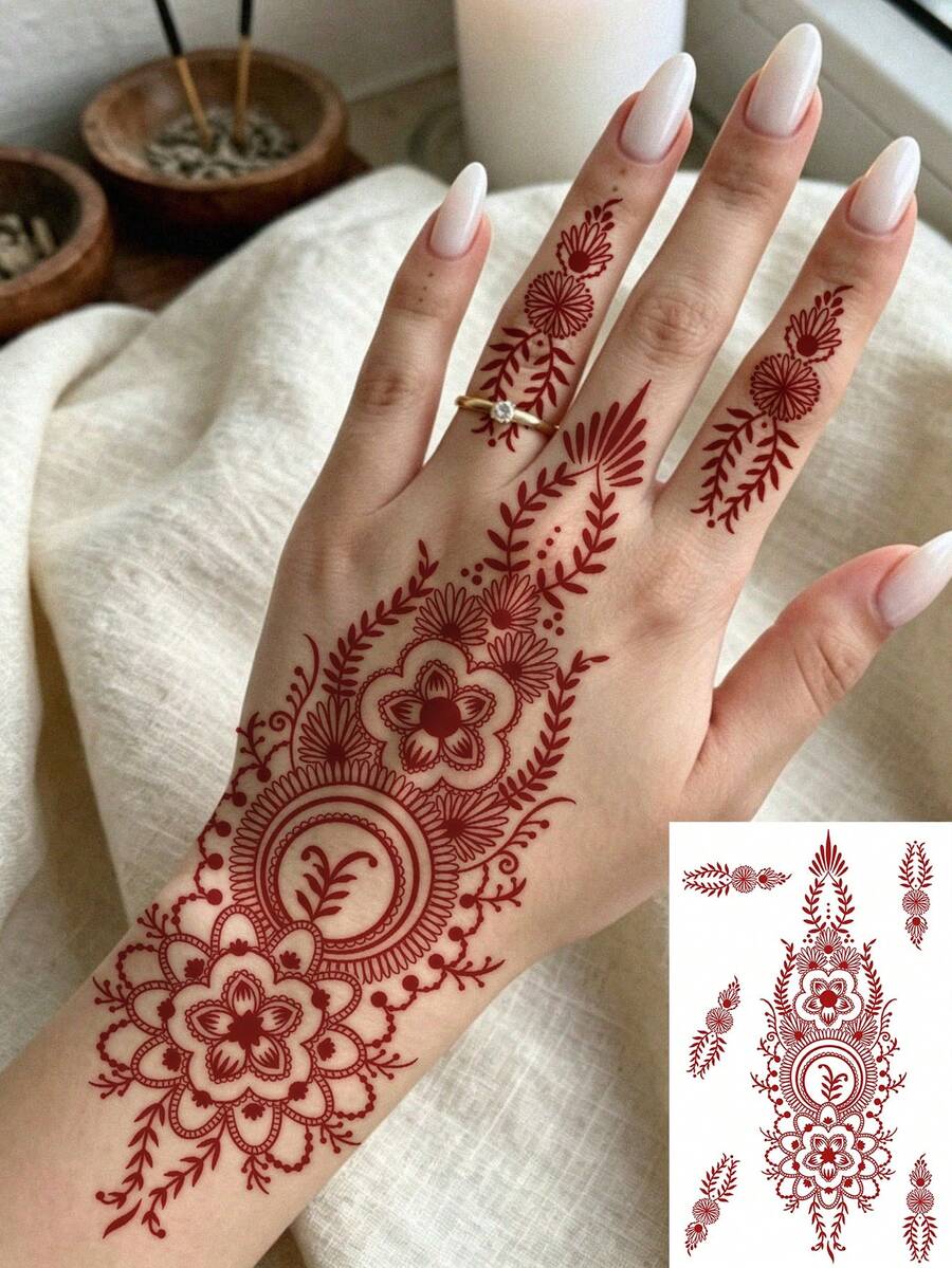 1張防水臨時假紋身貼,紅色海娜 Mehndi 曼陀羅花卉圖案紋身貼紙,異國風身體裝飾,適合女性手部、手腕、手指,婚禮使用 - 紅色 - 查看 1