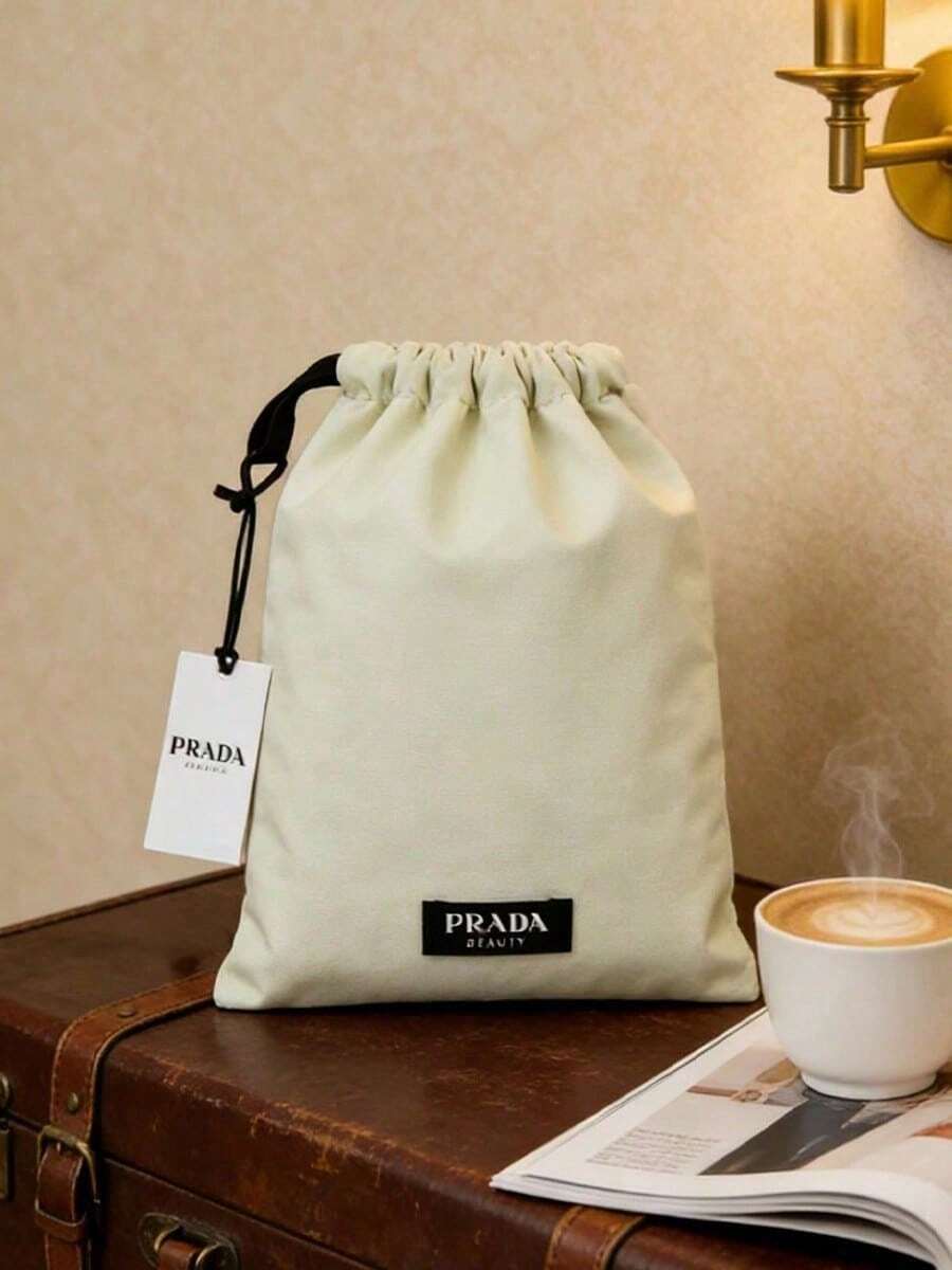 Prada Beauty Light Beige Canvas Drawstring Pouch, Soft Fabric Large Capacity Travel Skincare Cosmetic Storage Bag Multi-Purpose Portable Makeup Organizer Ladies Daily Beauty Gift PRADA-GIFT-36 - Two-tone Mint Green and Black - View 1
