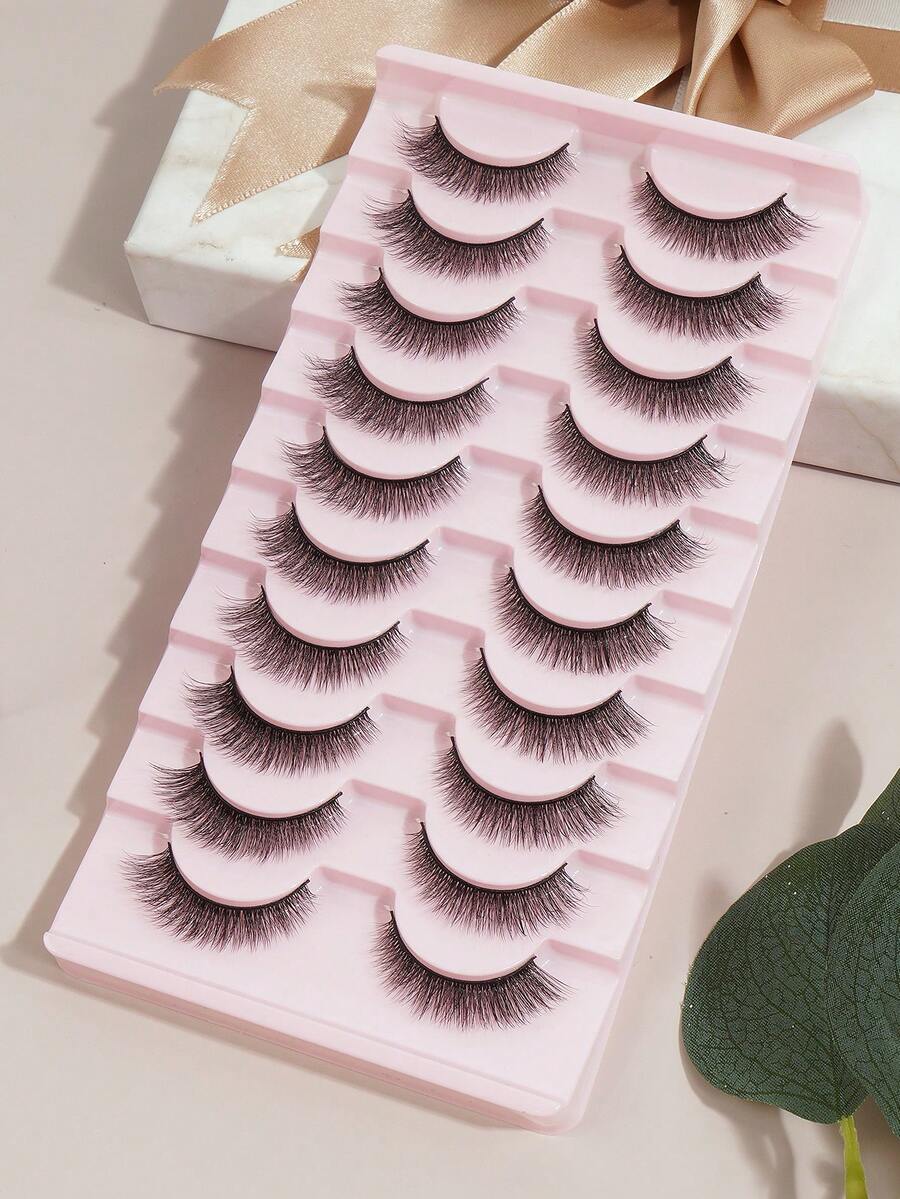 MAANGE 10 Pairs Natural Long Cat Eye False Eyelashes, Thick Voluminous 3D Mink Fur False Eyelashes - Black - View 1