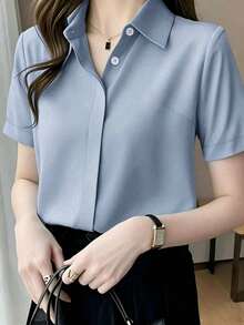 Silk Short Sleeve Shirt With Design, Chic & Mature Hong Kong Style, Satin Summer Spring - Medium Wash - View 5